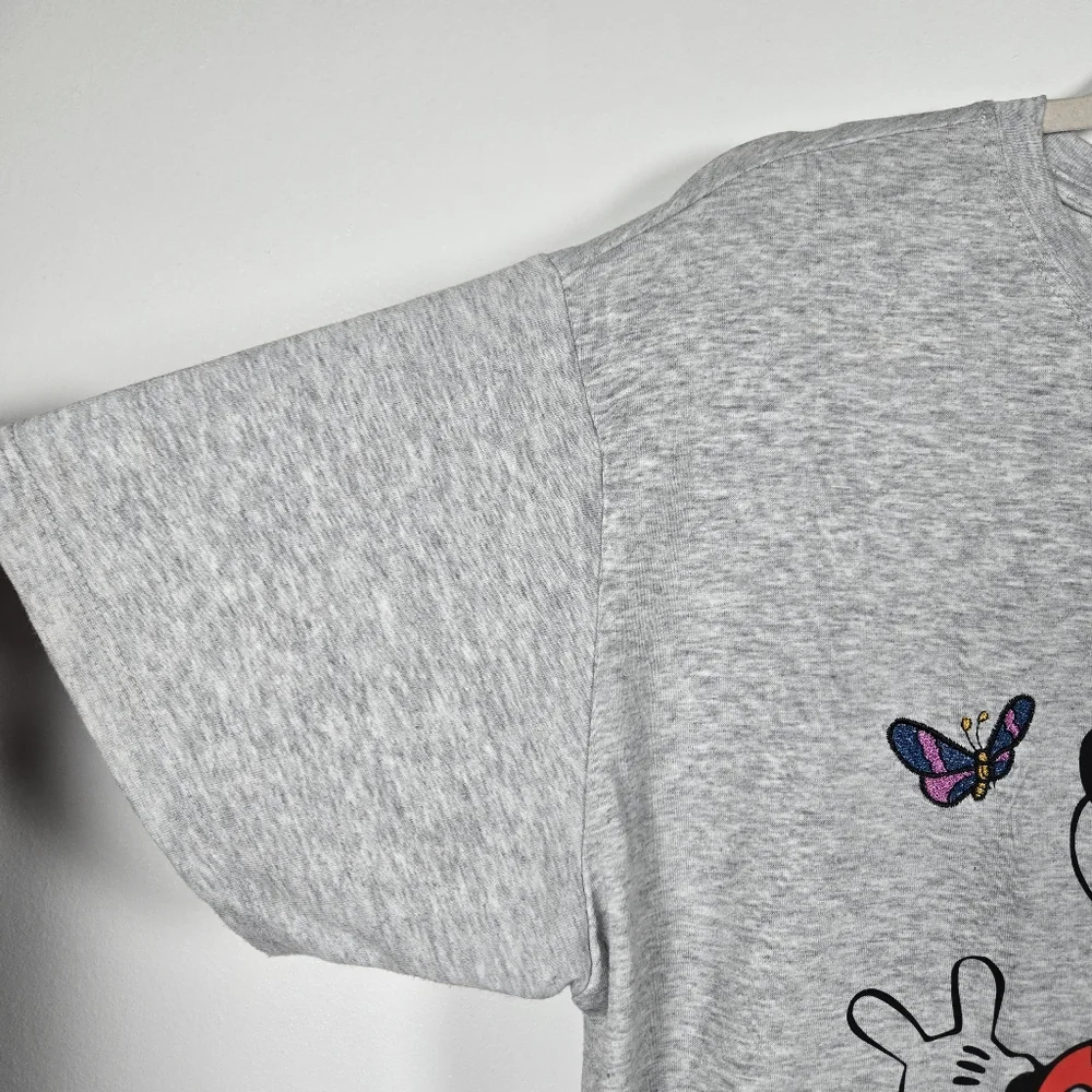 Disney Mickey Mouse Character Embrodered Floral Gray Heathered T-Shirt Large - Picture 5 of 12